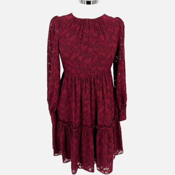 Eliza J Mesh Puff Sleeve A-Line Leaf Design Dress Burgundy Red Size 2 NWOT - Picture 1 of 12